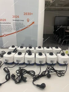 Multiple AELAB AVT-501 vortex mixers rear view with identification labels and power cords