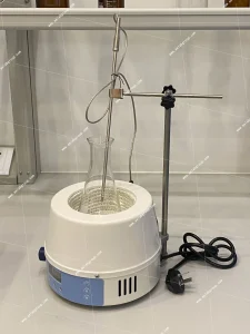 Complete setup of AELAB HJ-6 Heating Mantle with support stand, flask, and probe
