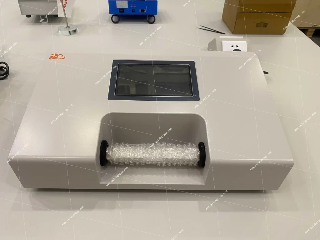 AELAB YD-5S tablet hardness tester front view with touchscreen above the recessed tablet testing area