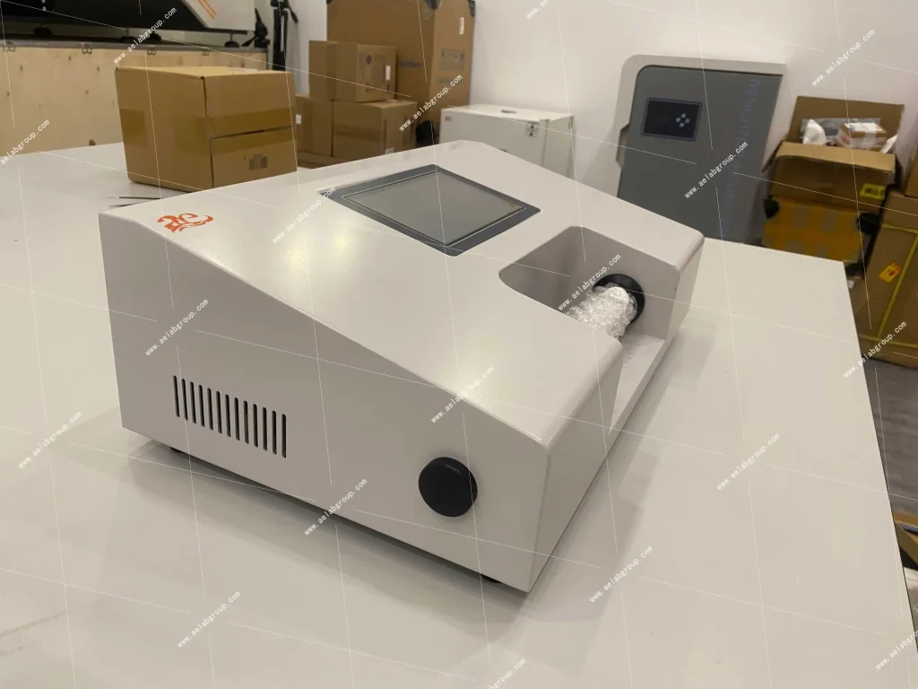 AELAB YD-5S tablet hardness tester angled side view with ventilation slots and sloped touchscreen