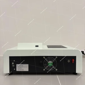 Rear panel of AELAB AE-SP1000 Series spectrophotometer showing USB ports cooling fan power switch and data label