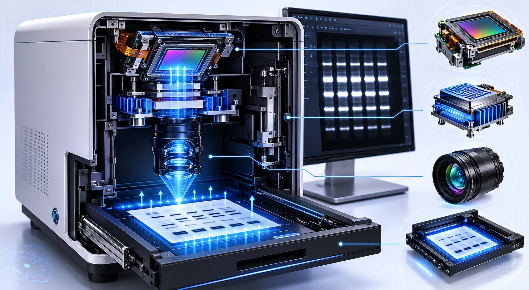 Cutaway illustration of a chemiluminescence imaging system revealing optical path, cooled large-pixel sensor, and light-tight chamber, emphasizing sensitivity factors over megapixel count.