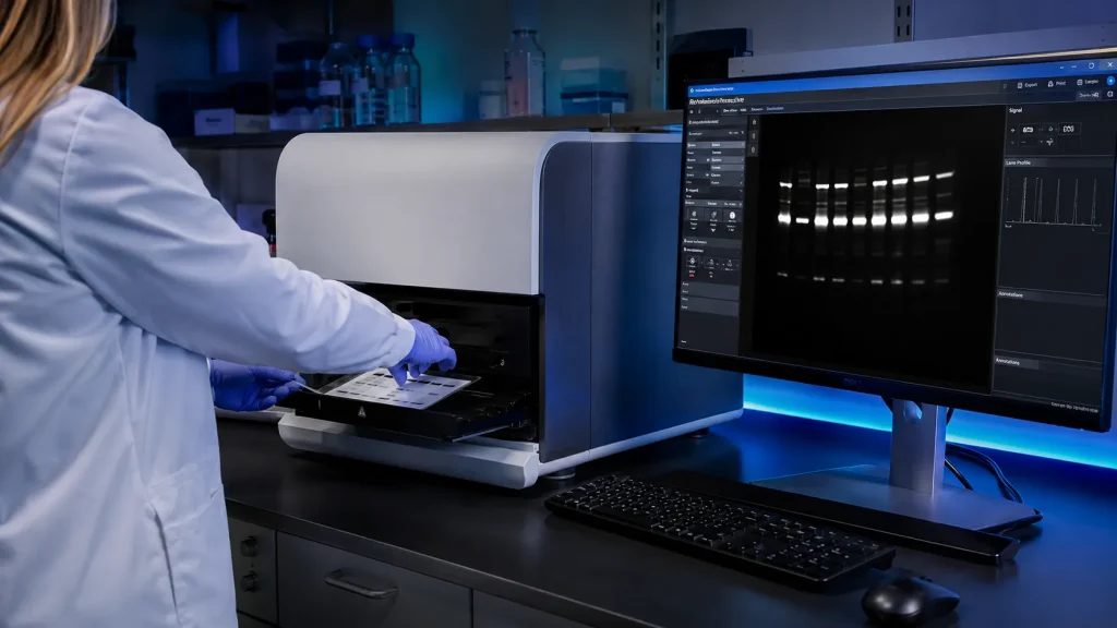 Next-generation gel imaging system for high-sensitivity chemiluminescence analysis in a molecular biology laboratory, researcher placing a blot.