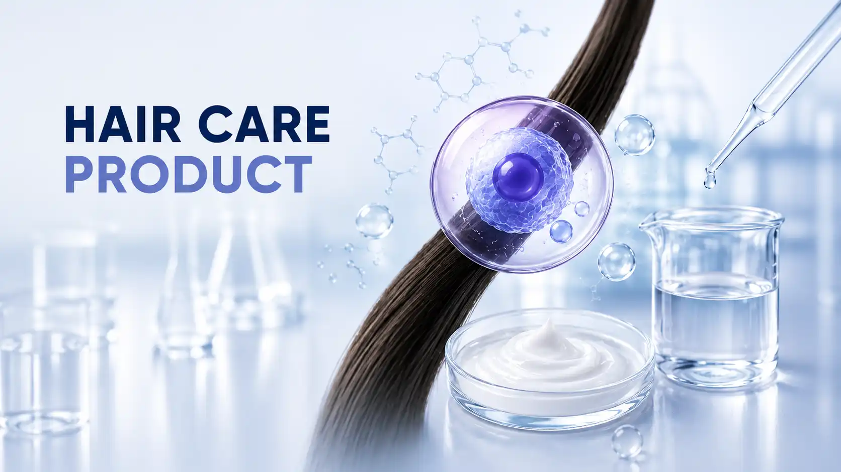 Scientific illustration of hair care product manufacturing, formulation and laboratory quality control AELAB