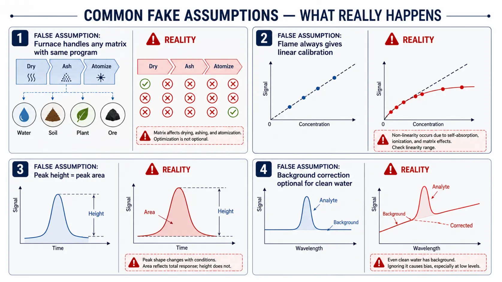 Visual summary of four common false assumptions in AAS metal analysis with corresponding reality symbols.