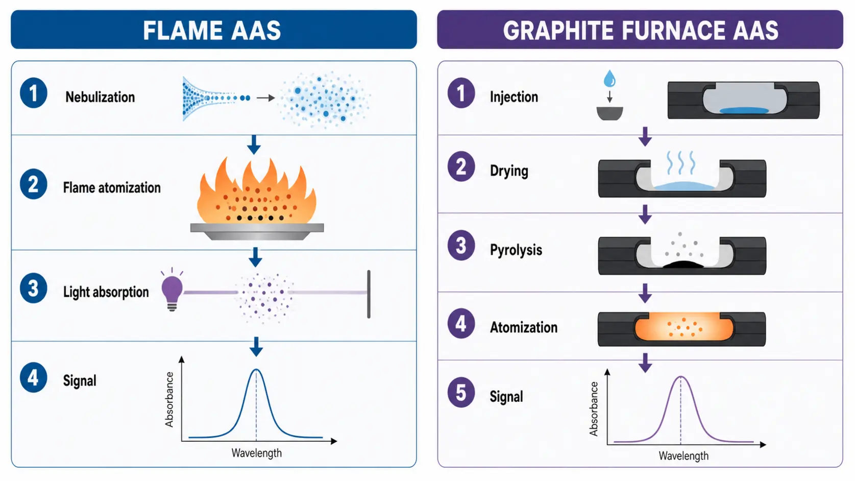 Diagram comparing the process steps of flame atomic absorption and graphite furnace atomic absorption.