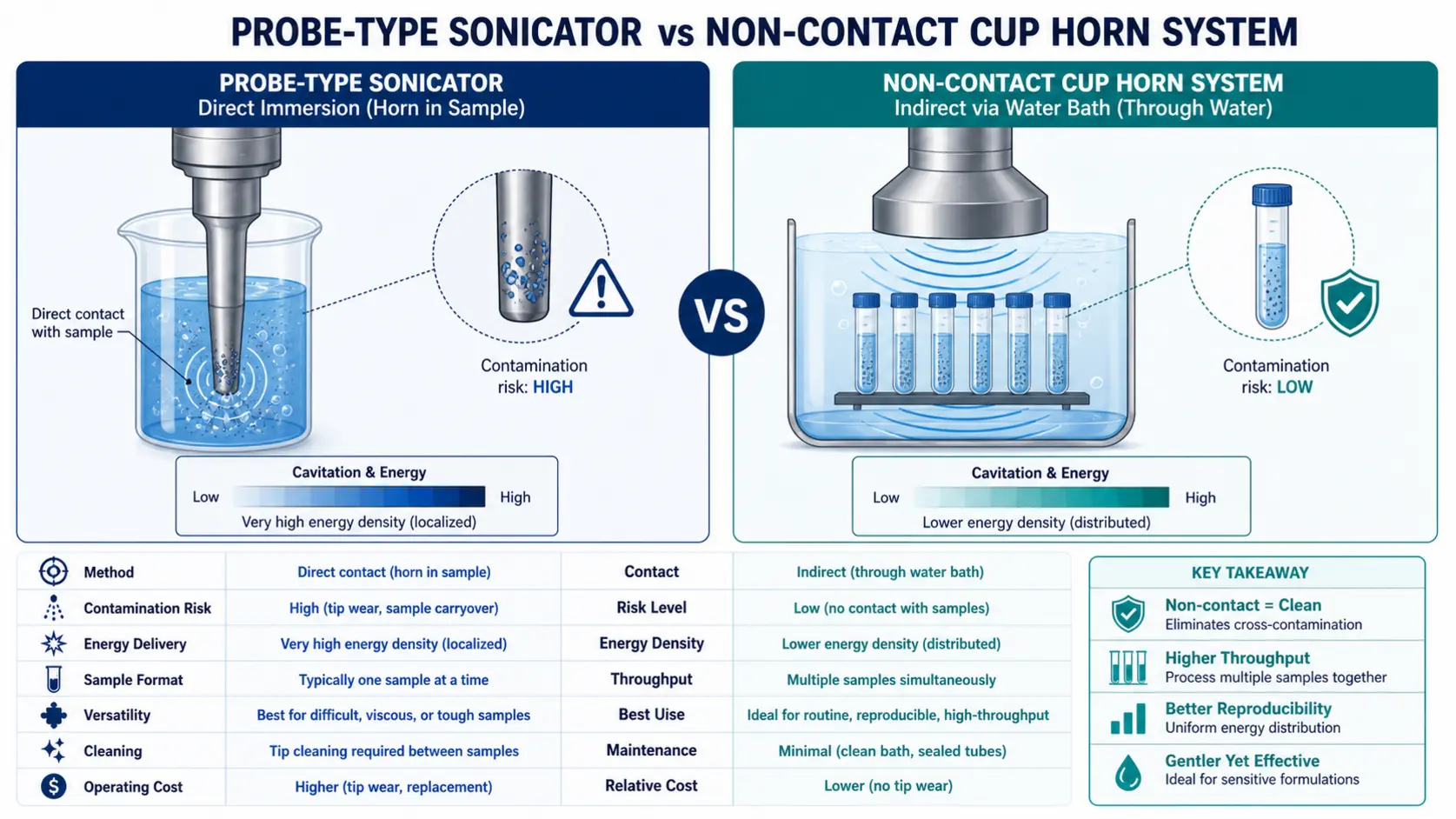 Side-by-side comparison diagram of probe-type and non-contact ultrasonic disruptors.