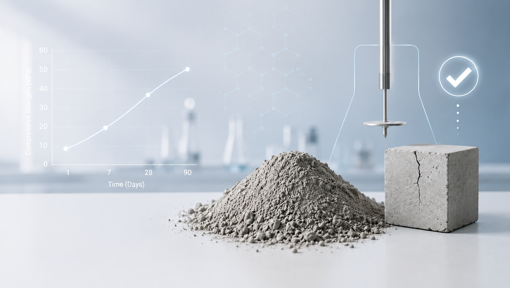 Cement quality control laboratory equipment guide cover image showing powder, test cube, Vicat silhouette, checkmark, and graph.