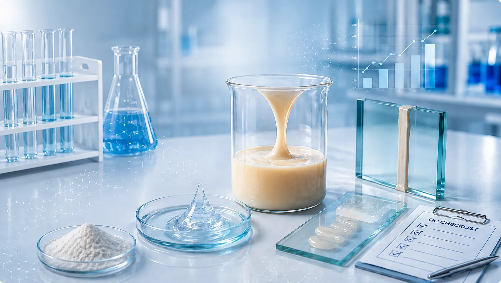Essential laboratory instruments for adhesive manufacturing shown as scientific illustration with adhesive sample, testing equipment, and QC checklist
