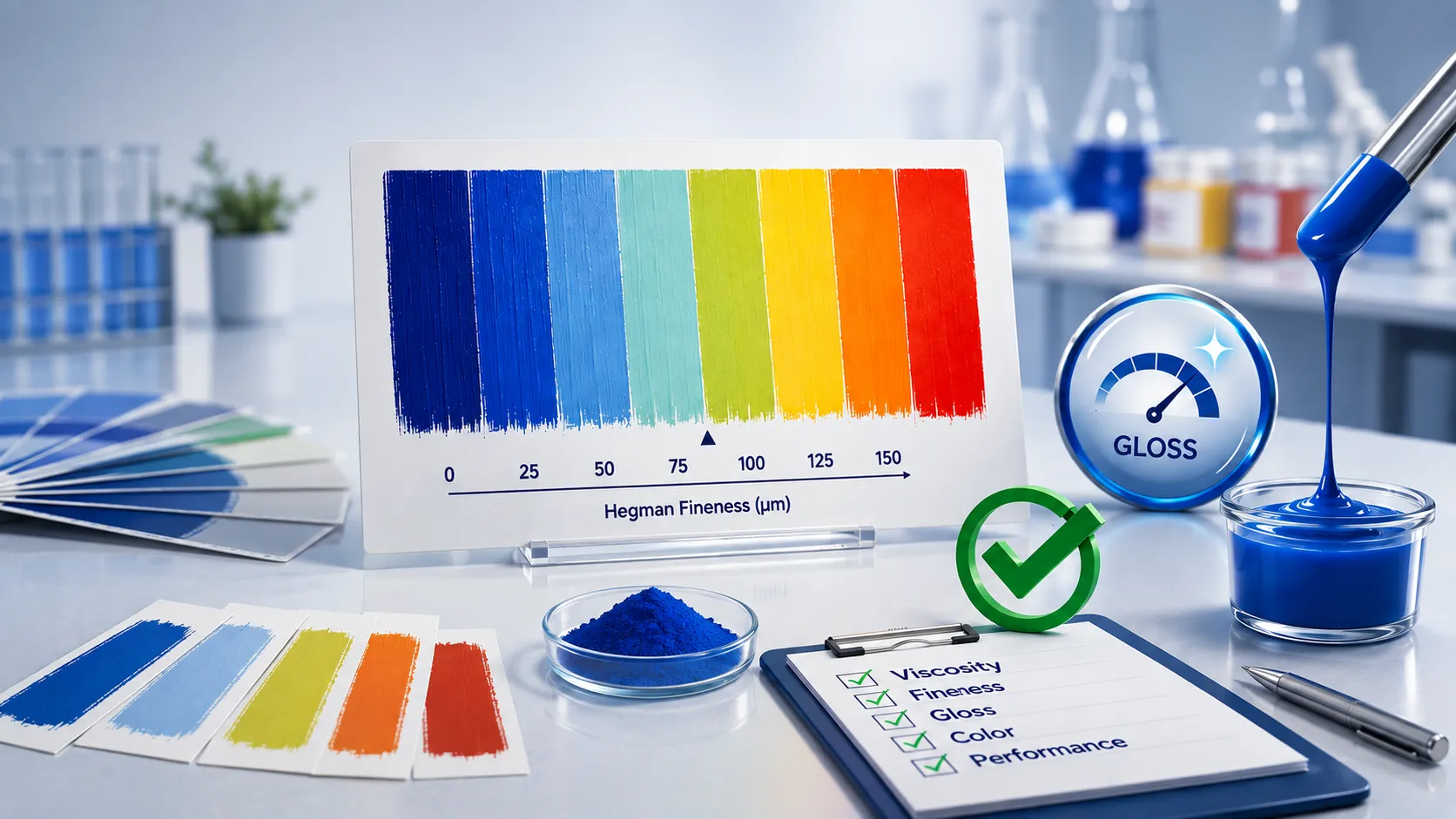 Paint quality control testing in laboratory with color, viscosity, fineness and gloss test samples