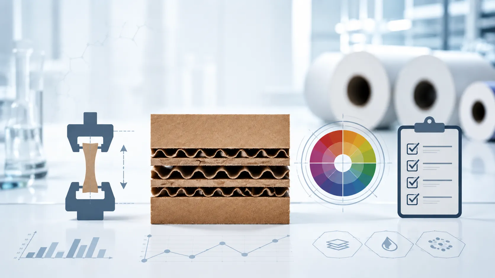 AELAB Editorial cover image showing abstract concepts of paper packaging printing quality control with corrugated board, test instruments and checklist symbols