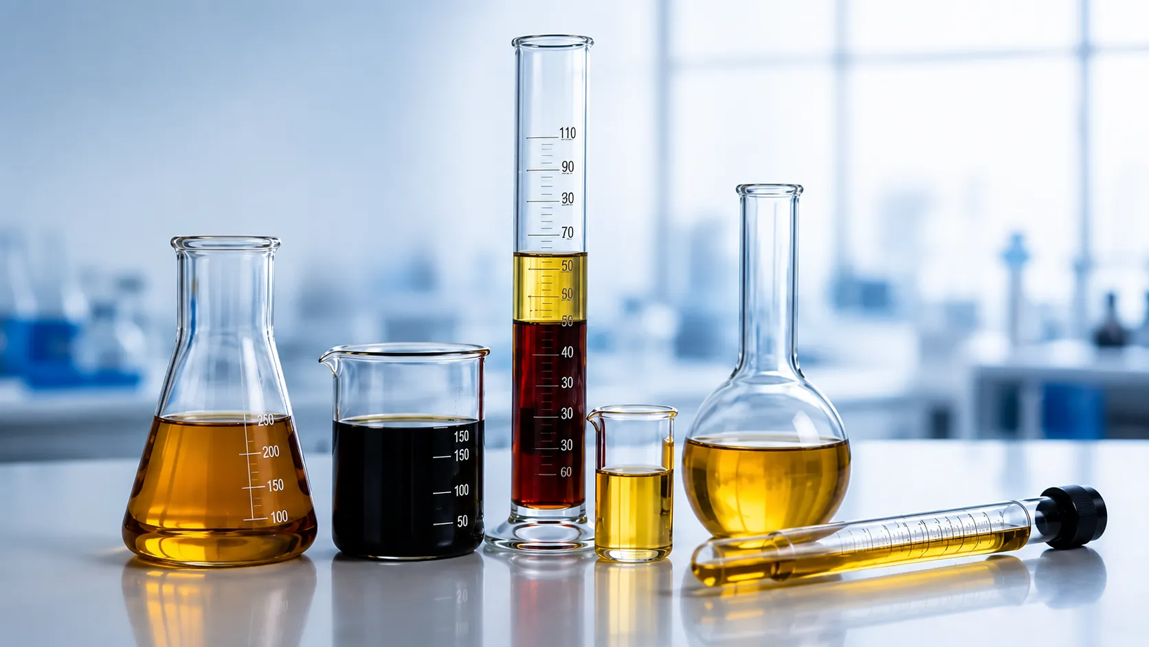 Petroleum testing laboratory equipment guide cover with oil samples and analysis concepts.