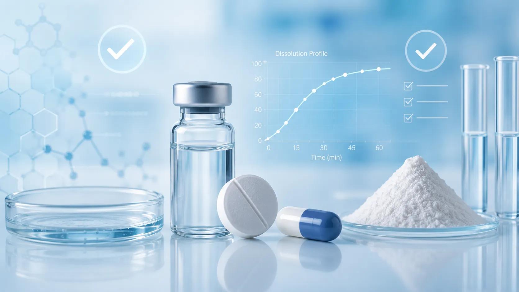 Abstract illustration of pharmaceutical quality control laboratory equipment with tablet, capsule, vial, powder sample, and QC symbols