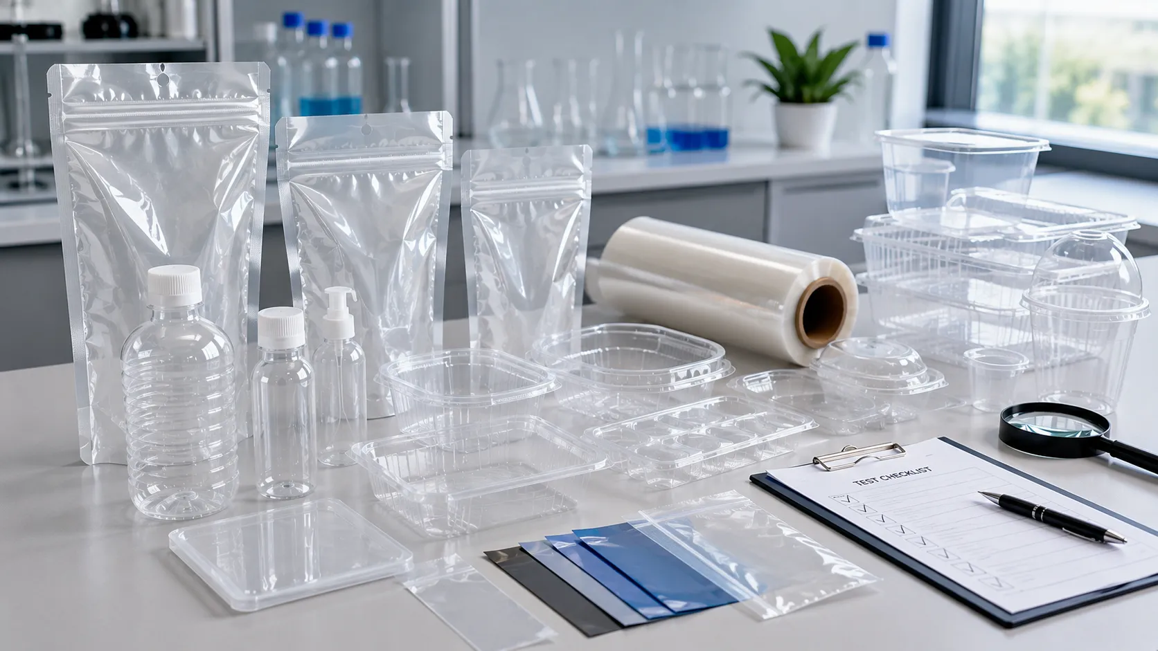 Plastic packaging materials and quality control testing instruments on a laboratory bench, representing essential laboratory equipment for plastic packaging testing.
