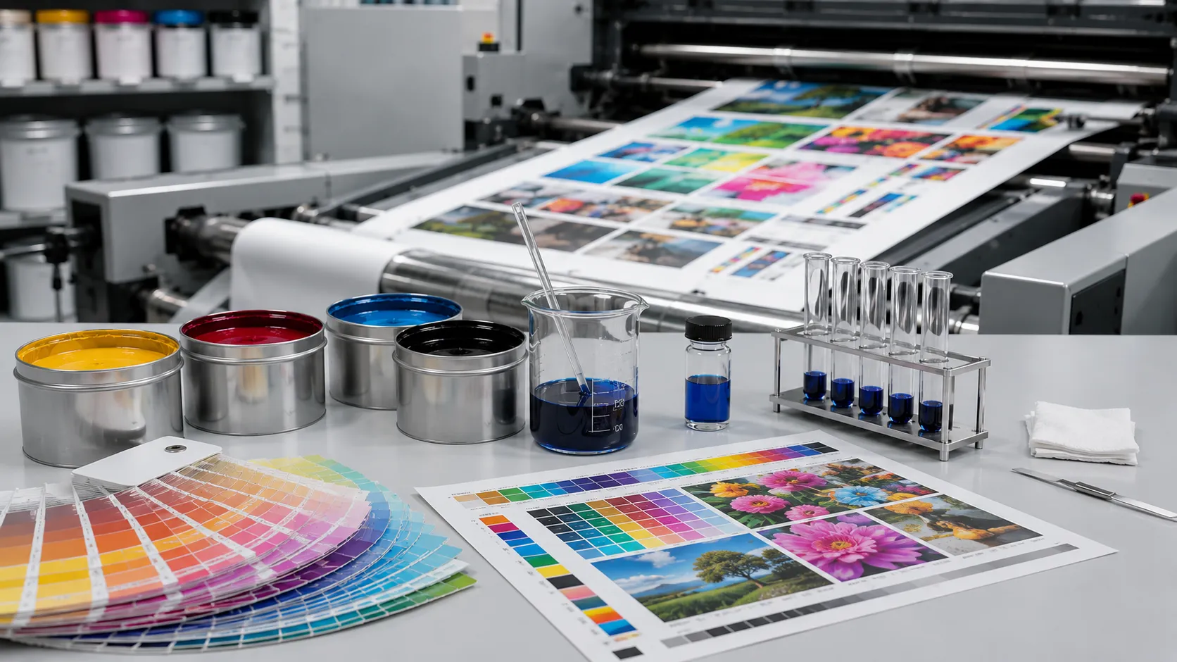 Printing ink quality control testing laboratory instruments including spectrophotometer and viscometer with ink samples and printed packaging