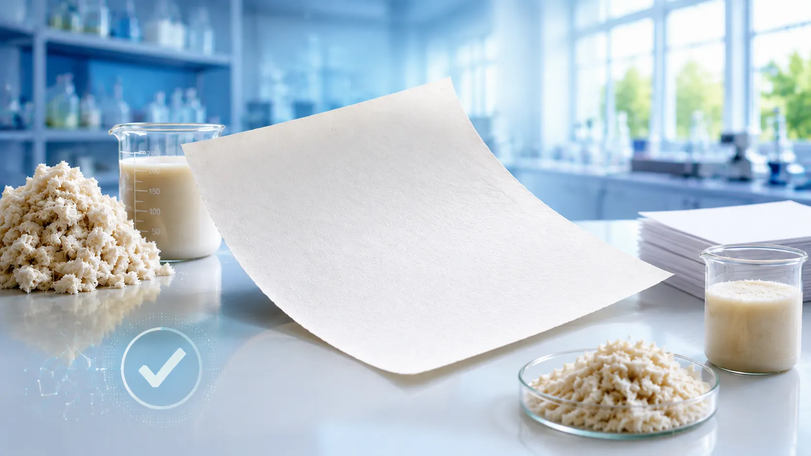 aelab Conceptual editorial cover image for essential laboratory equipment for pulp and paper mills, showing paper sample, testing icons, and quality checkmark on a soft lab background