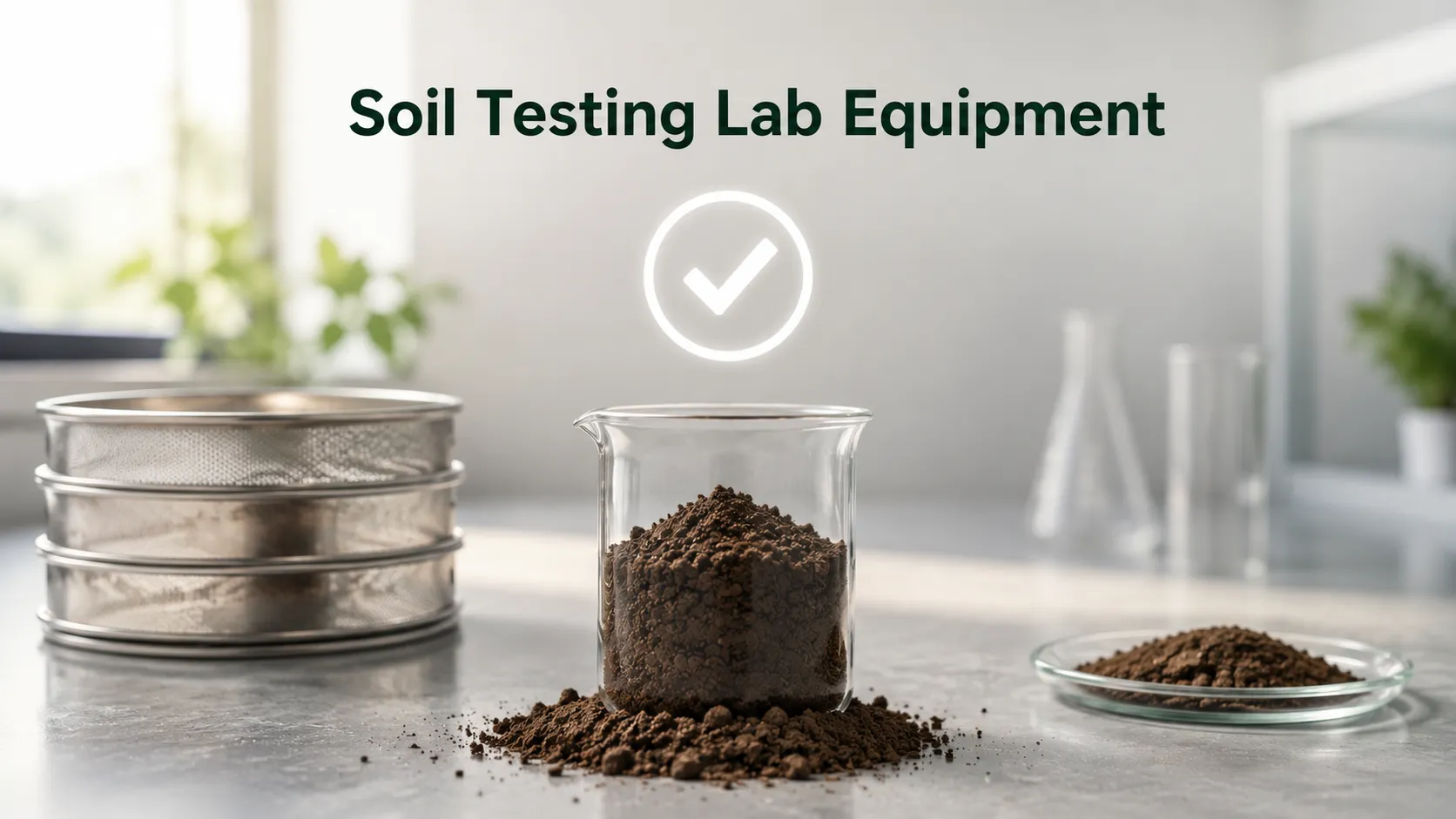 A soil sample in a beaker with testing instruments like sieves and Casagrande cup, and a quality check symbol, representing essential laboratory equipment for soil testing.