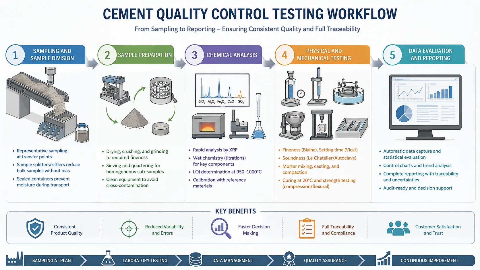 Cement quality control testing workflow from sampling to reporting