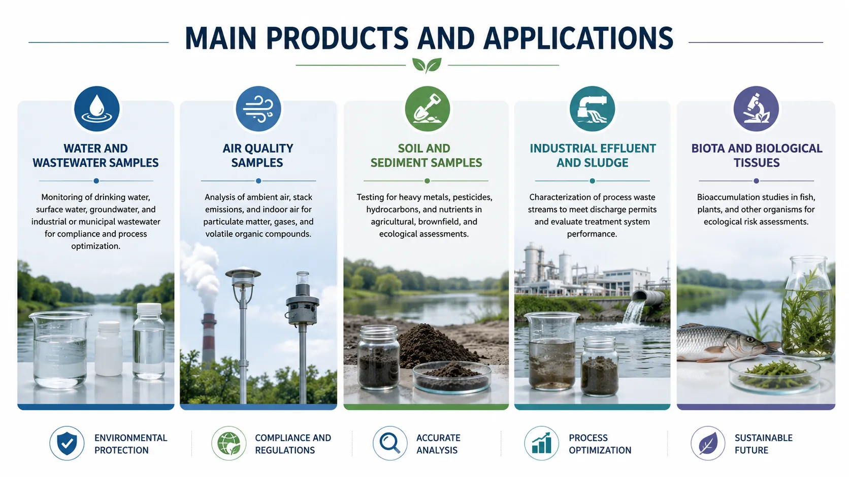 Professional infographic illustrating the main environmental monitoring sample categories, including water and wastewater, air quality, soil and sediment, industrial effluent, and biological samples for laboratory testing and quality control.