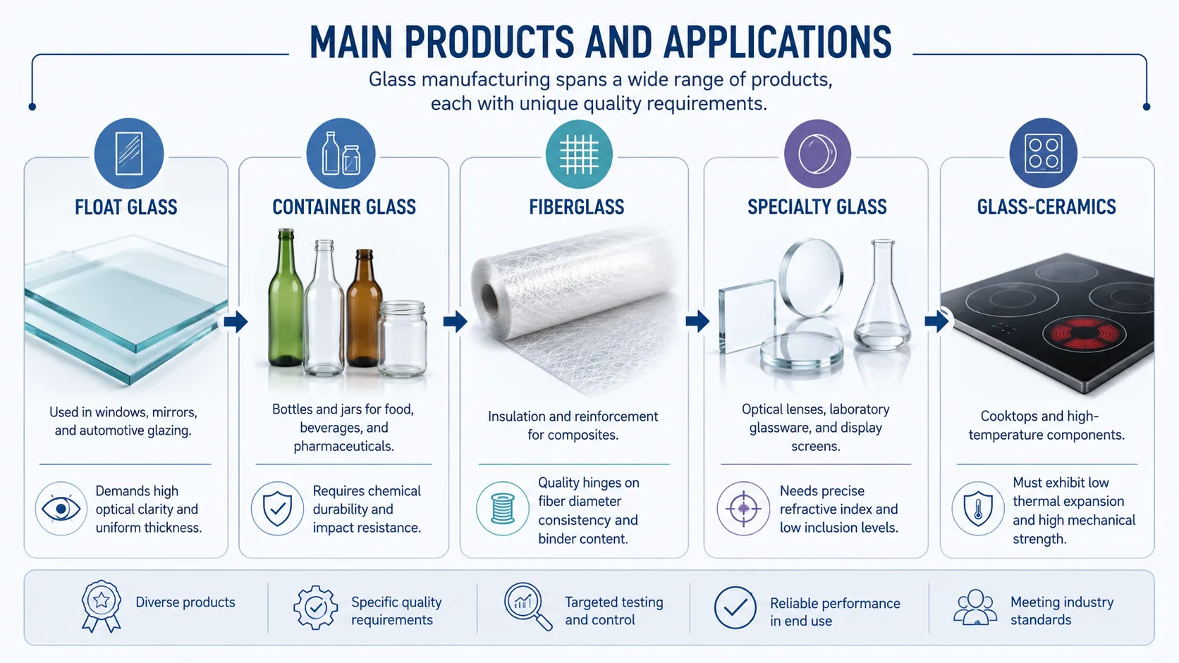 Infographic showing the main glass manufacturing products and their quality control applications, including float glass, container glass, fiberglass, specialty glass, and glass-ceramics.