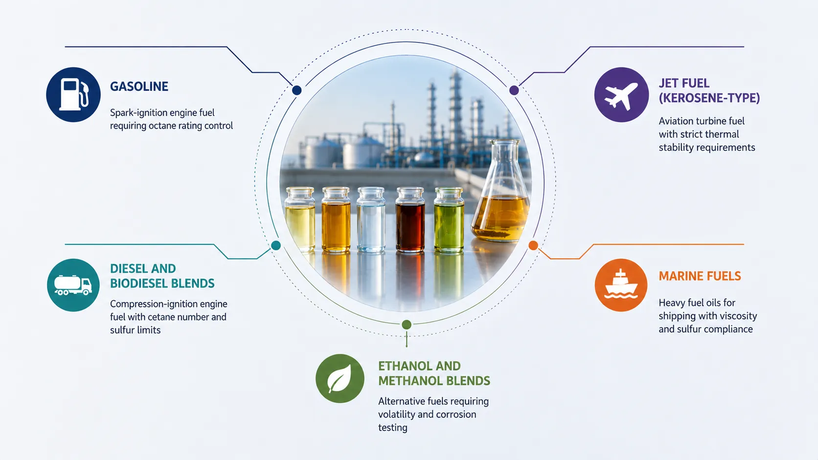Infographic illustrating the main fuel products and applications including gasoline, diesel and biodiesel blends, jet fuel, marine fuels, and ethanol and methanol blends used in the oil and gas industry.