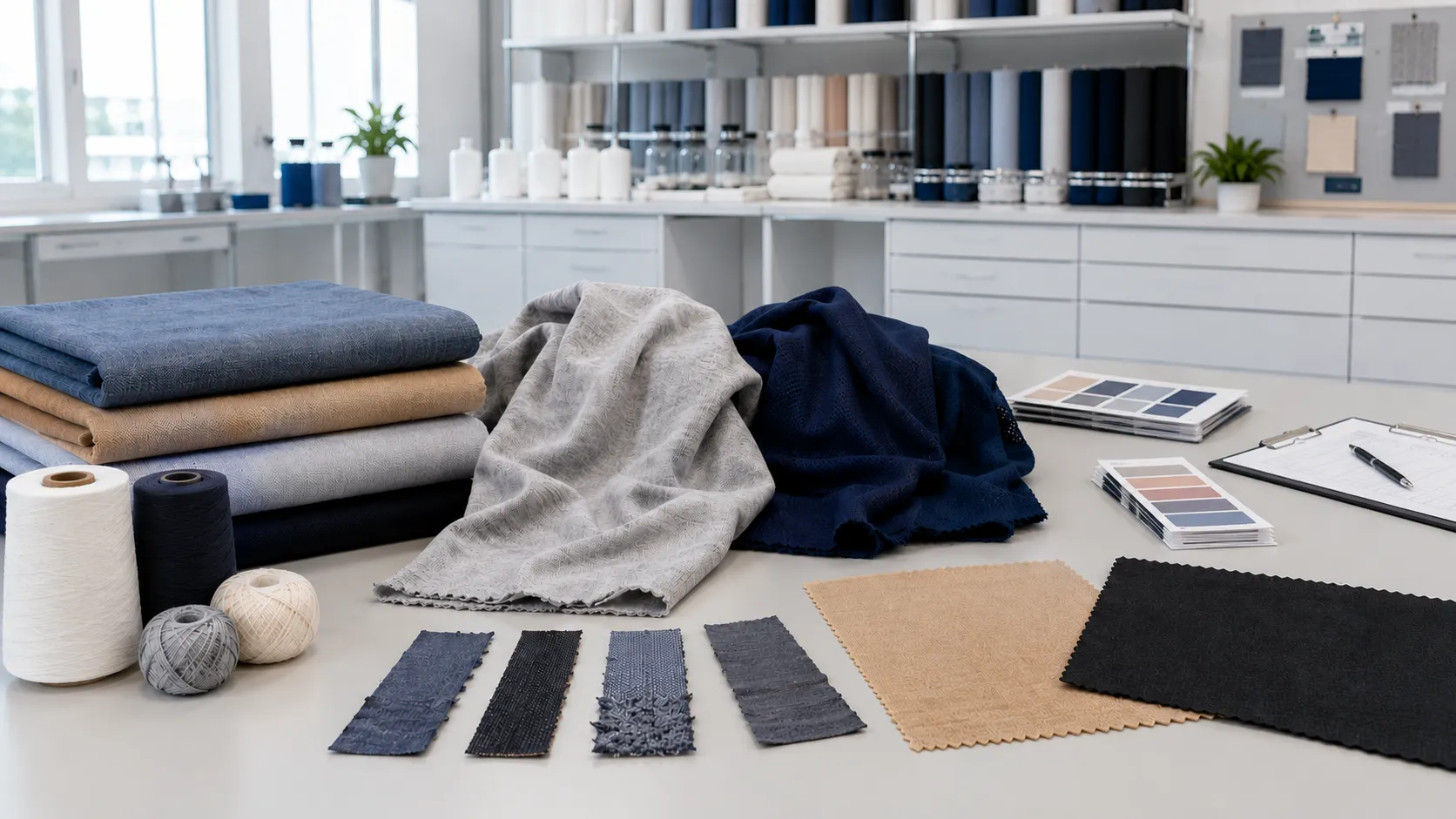 Apparel material testing equipment concept with fabric swatch, color fastness scale, and tensile test graph on a clean laboratory background