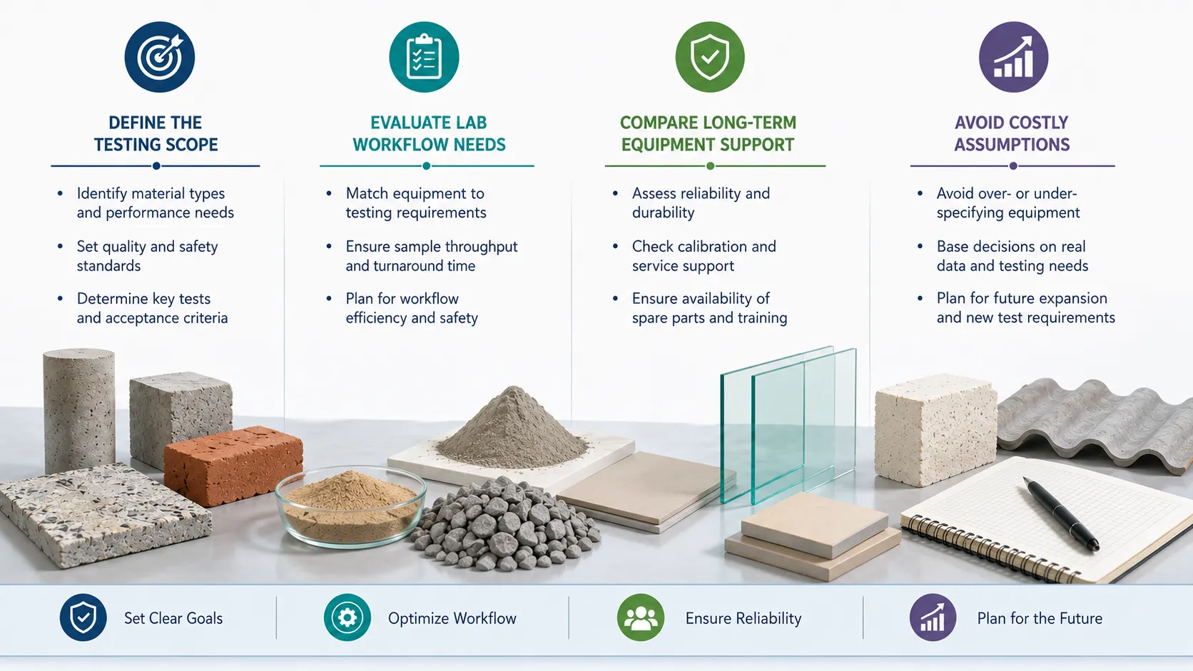 Infographic showing key considerations for selecting laboratory equipment for building material analysis, including testing scope, laboratory workflow, and long-term equipment support.