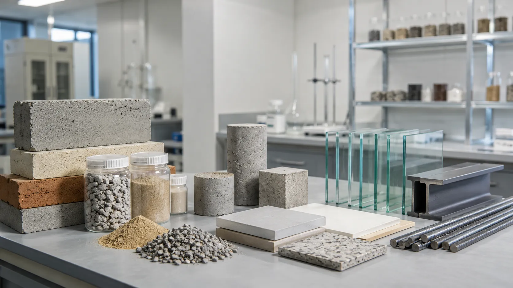 Building material analysis laboratory setup with concrete compressive strength test, sieve analysis, and chemical testing equipment