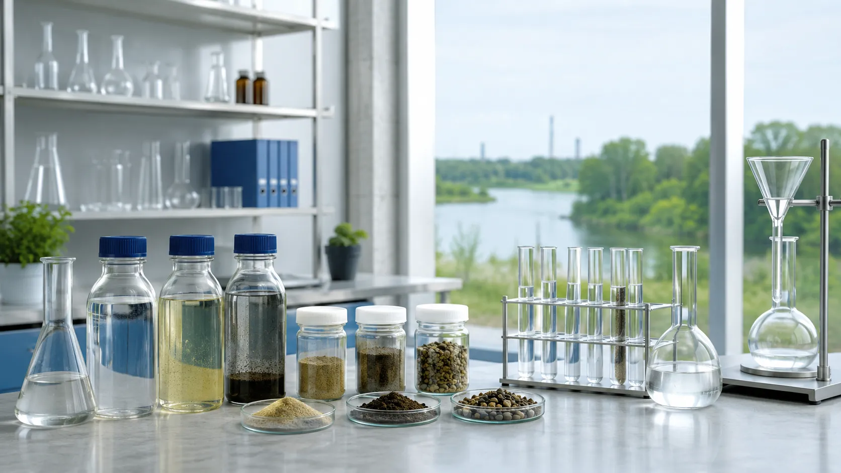 Environmental monitoring laboratory setup with water and soil testing equipment.