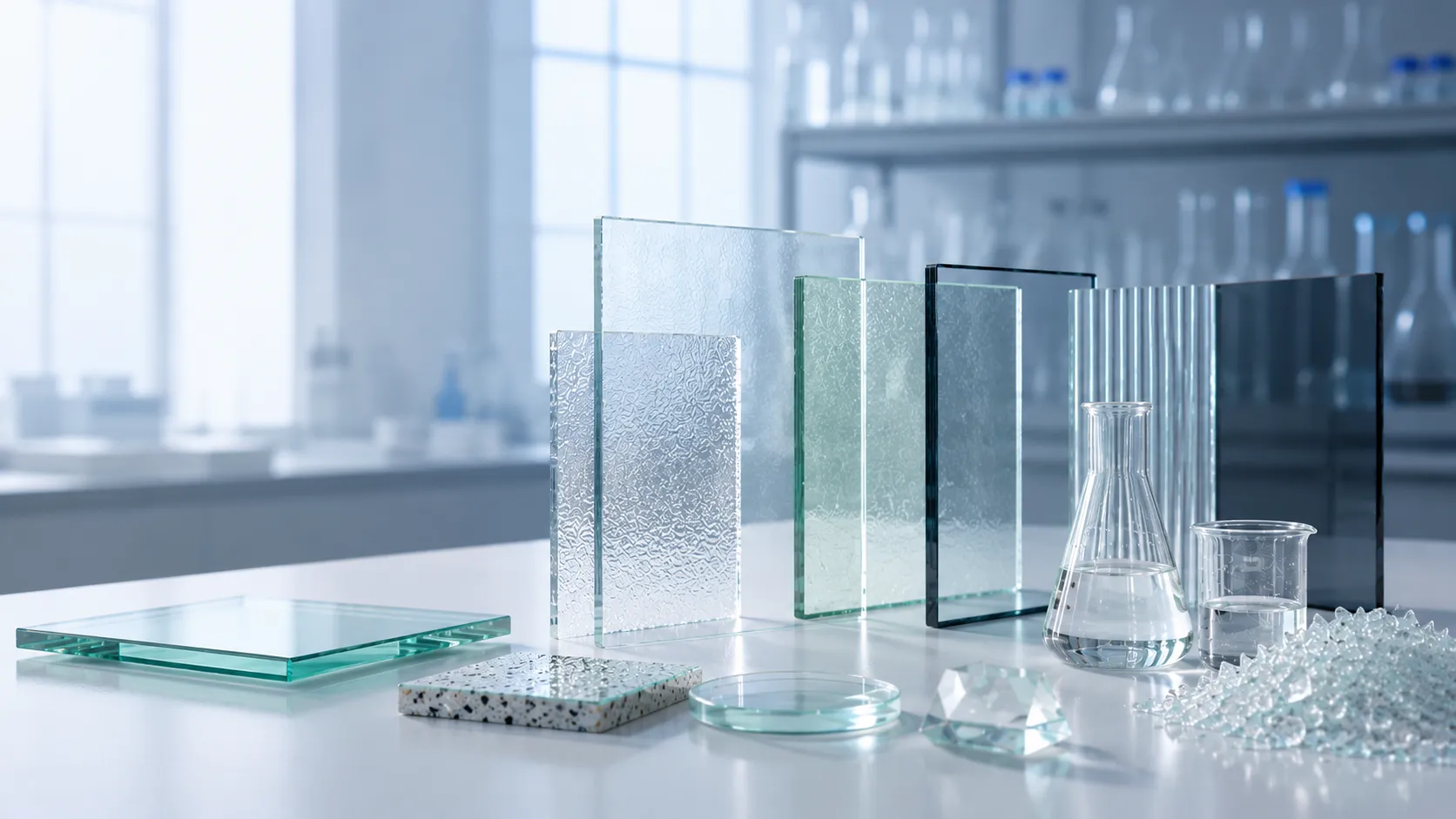 Glass manufacturing quality control testing laboratory with spectrometer and glass samples