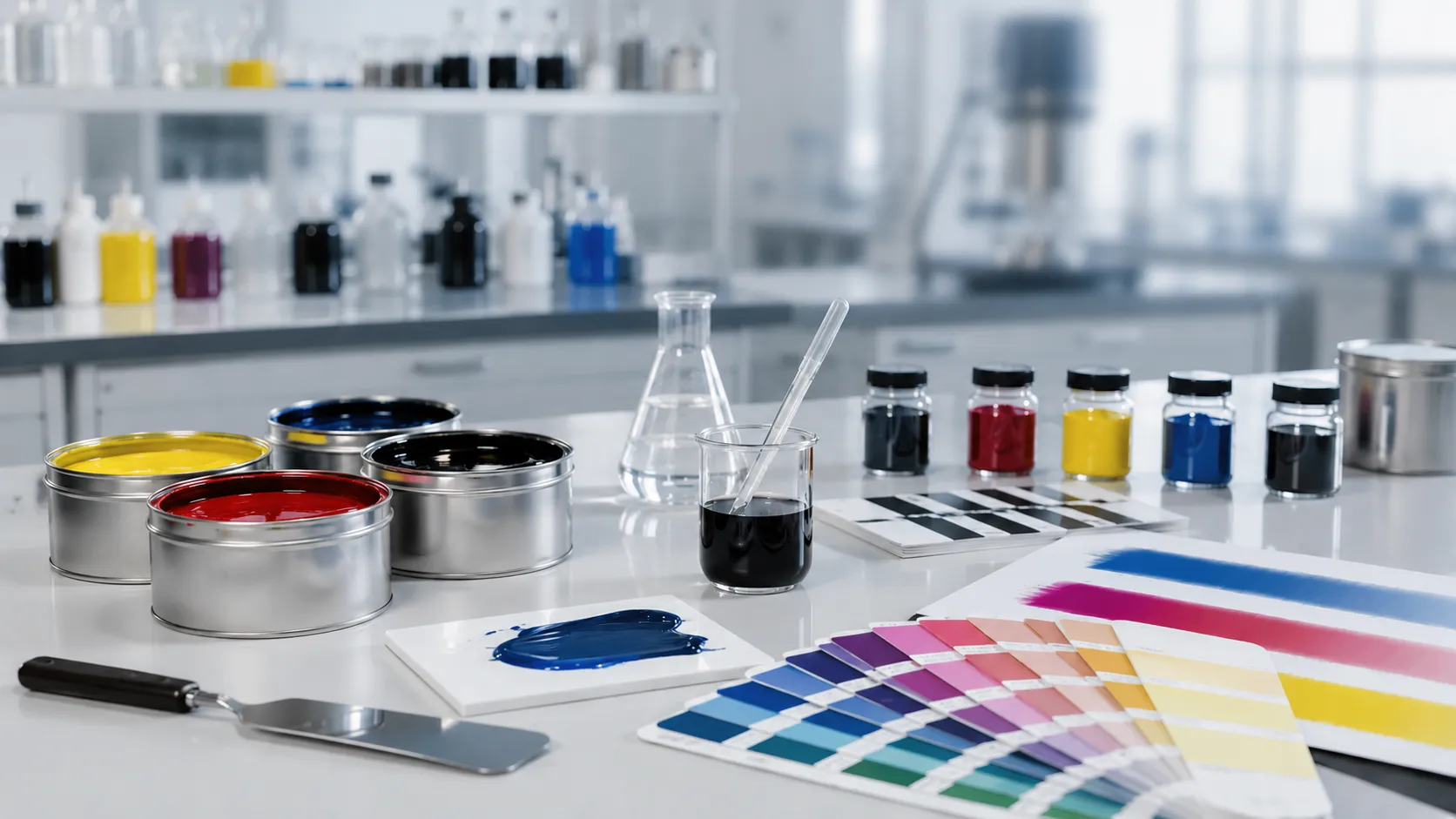 Ink Manufacturing Quality Control Laboratory Setup featuring color measurement and viscosity testing equipment
