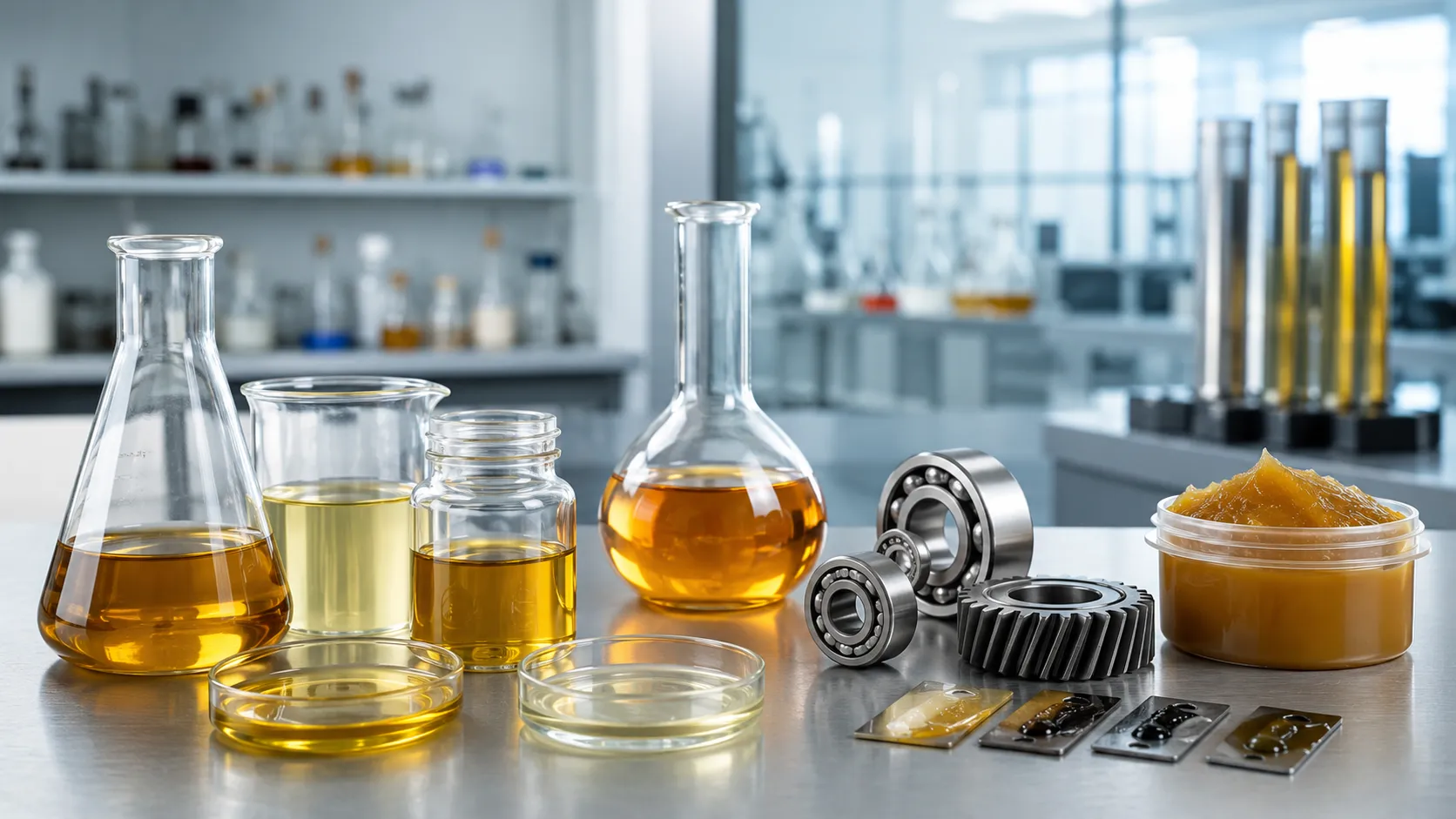 Lubricant testing laboratory equipment and analysis methods cover image showing oil samples, viscometer, and quality control concept.