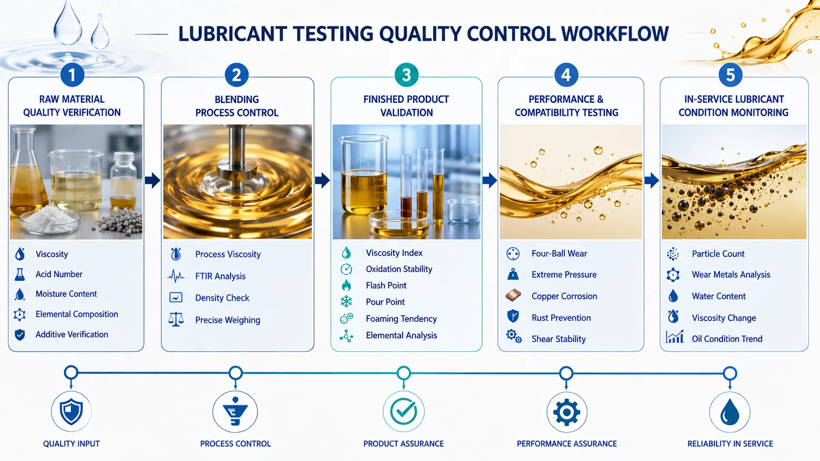 Lubricant testing quality control workflow showing raw material verification, blending process control, finished product validation, performance testing, and in-service lubricant condition monitoring.