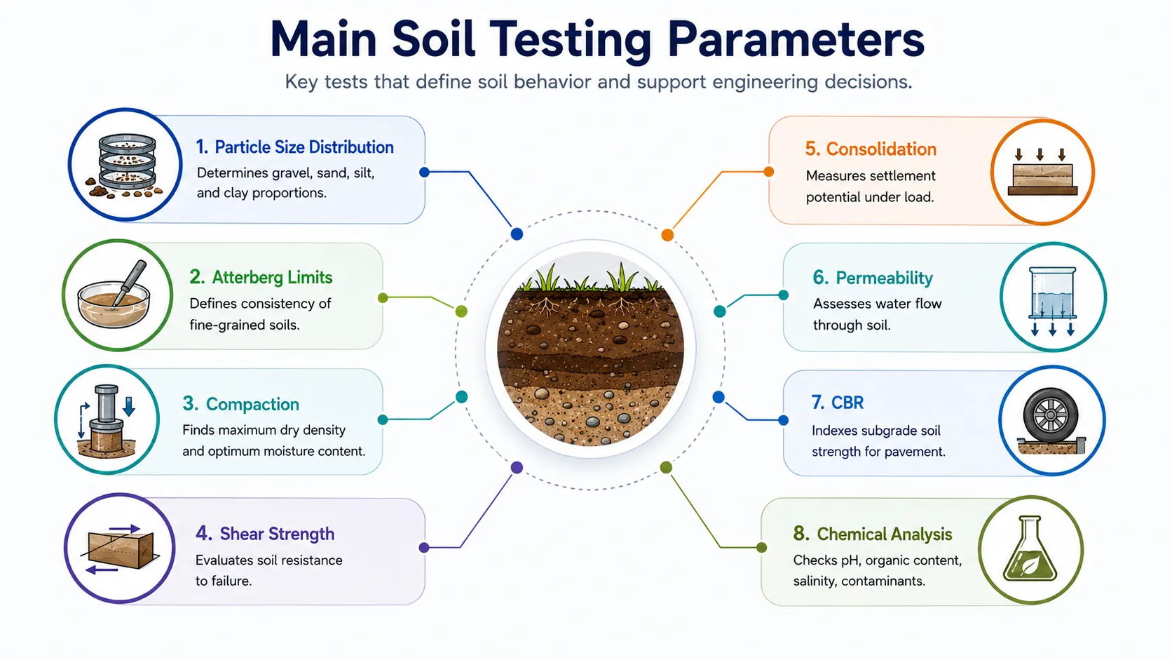 Main Soil Testing Parameters – Particle Size, Compaction, Shear Strength, Permeability and CBR
