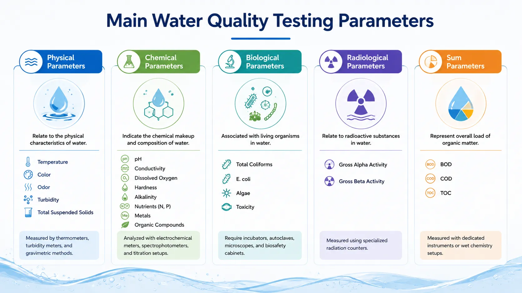 Main Water Quality Testing Parameters – Physical, Chemical, Biological, Radiological and Sum Parameters