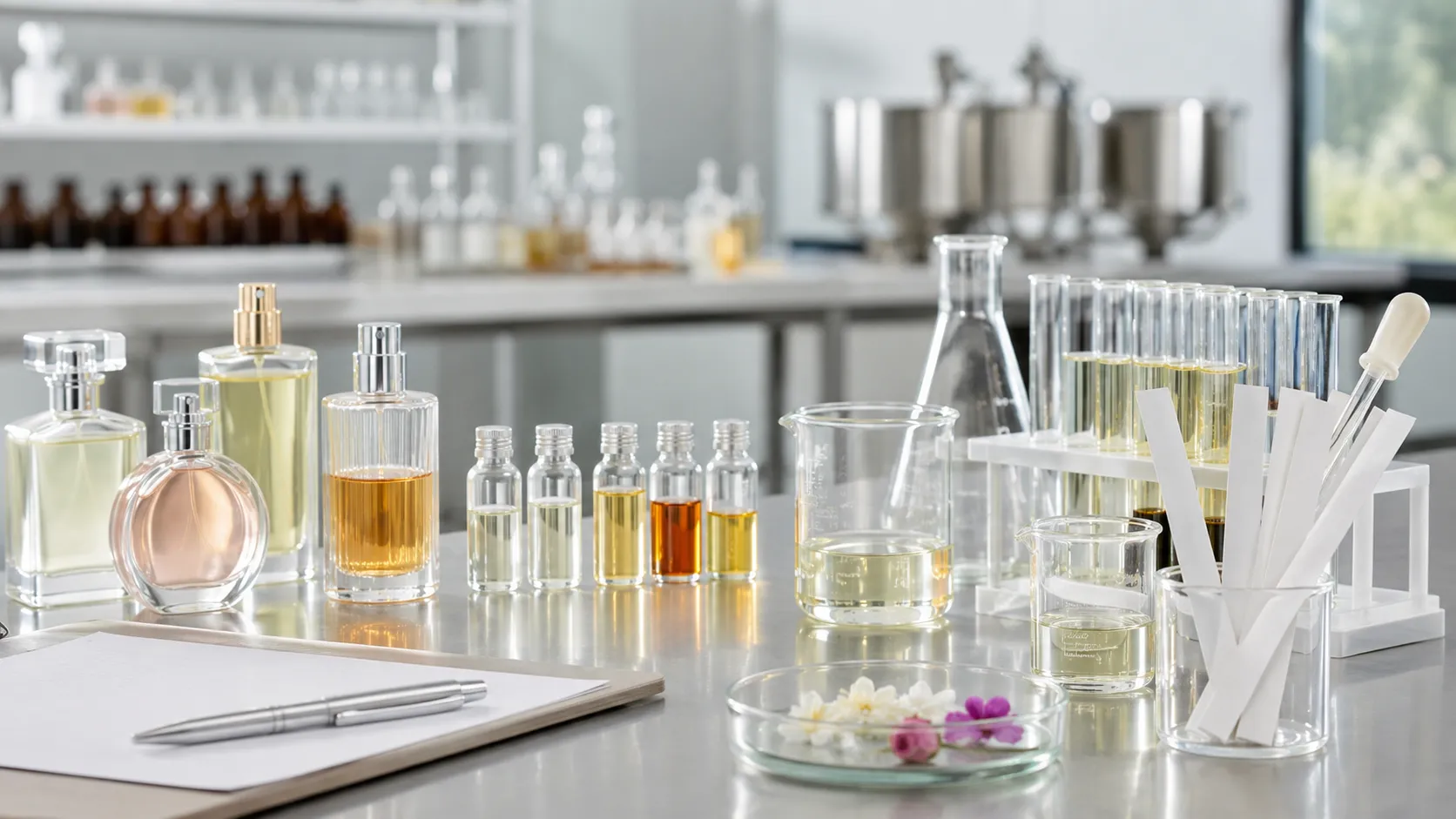 Perfume quality control laboratory testing equipment and sample