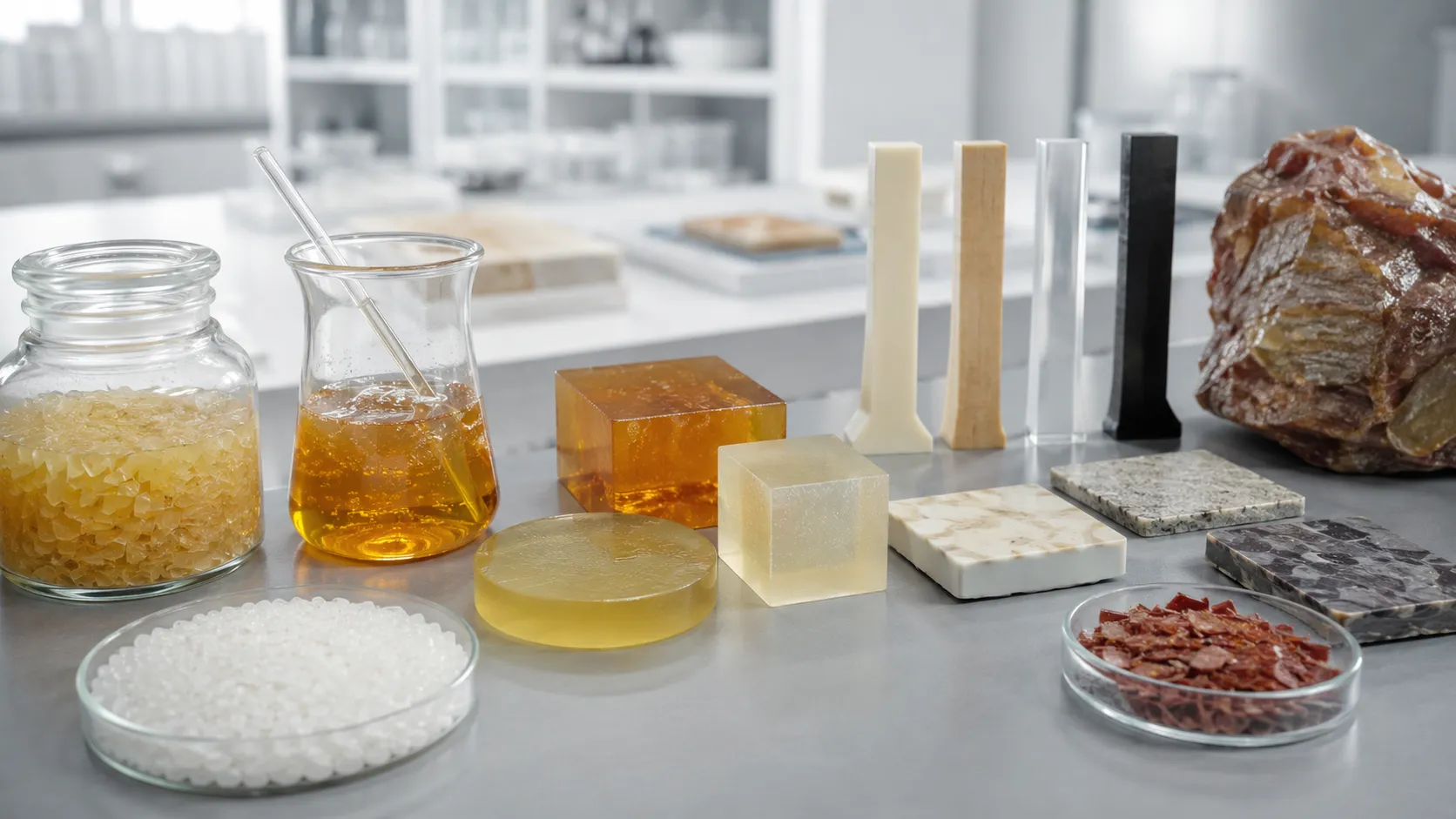 Resin testing laboratory with viscometer, spectrophotometer, and mechanical testing equipment for adhesives and coatings quality control