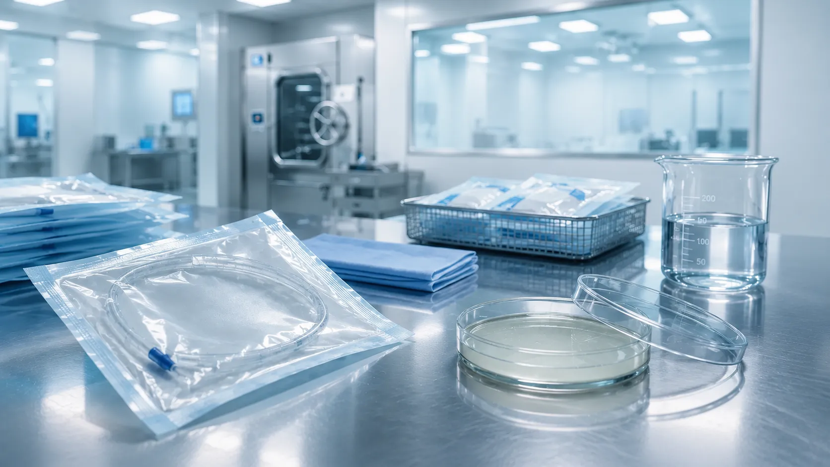 Sterility Testing Laboratory Equipment for Medical Devices cover image showing sterile medical device packaging, membrane filtration apparatus, and quality check concept.