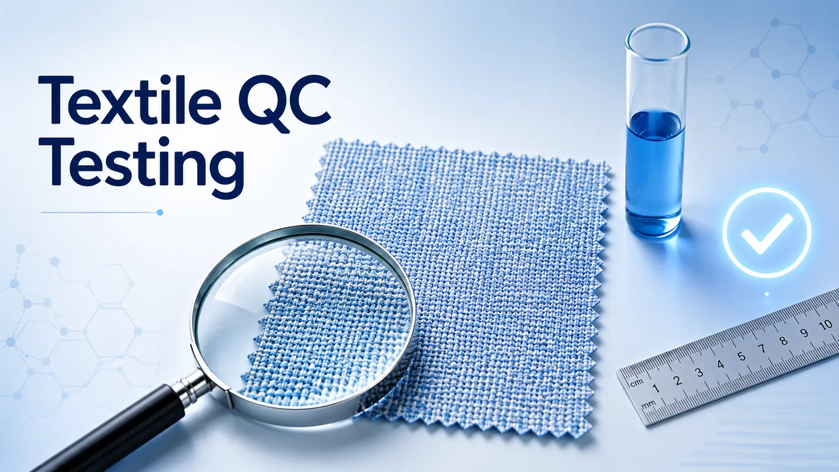 Textile quality control testing concept with fabric swatch, magnifying glass, and lab tools.