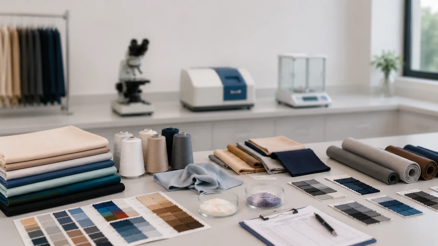 Textile quality control laboratory equipment guide cover showing fabric samples, spectrophotometer, strength testing concept, and microscope.