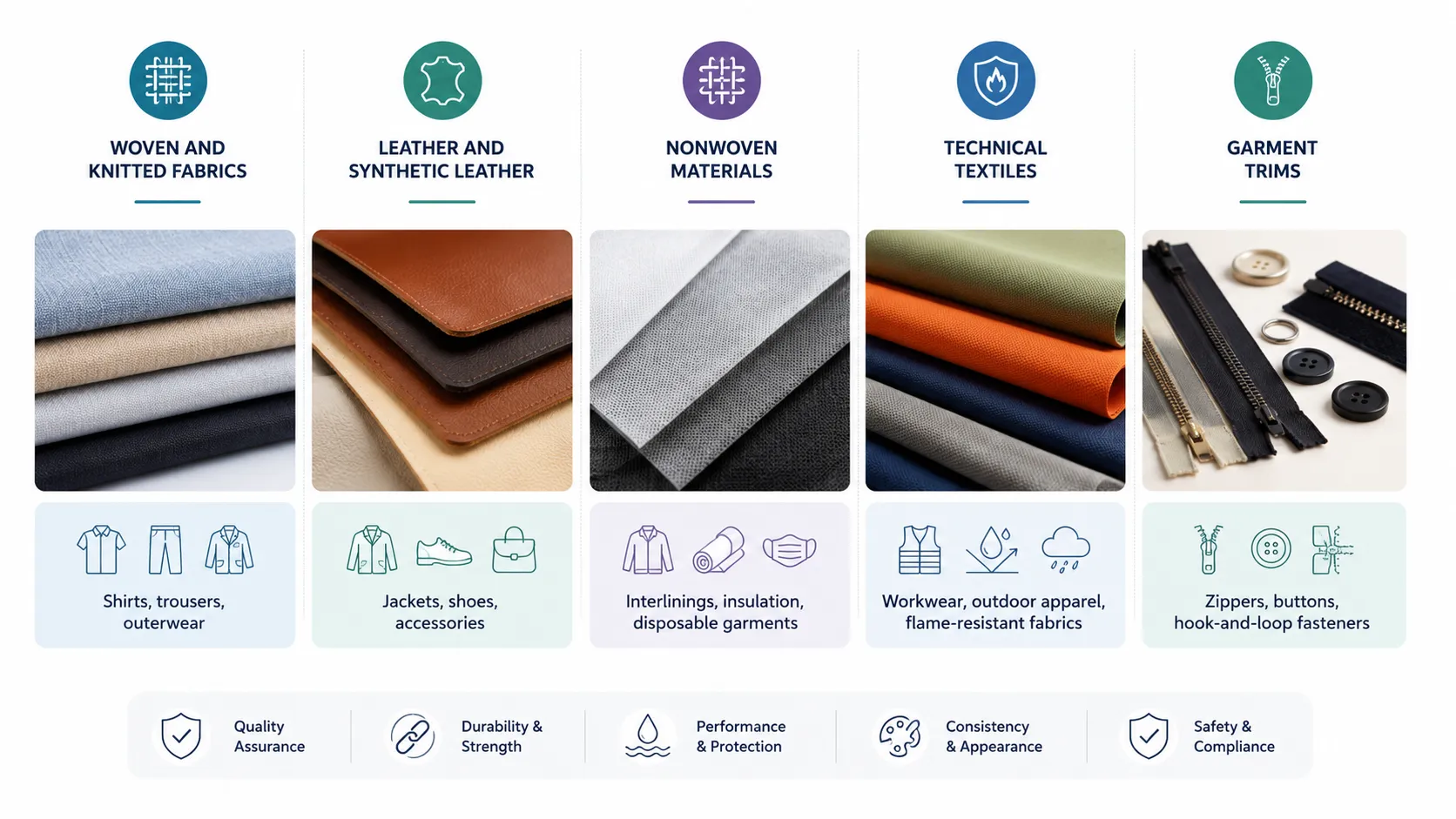 Infographic showing woven fabrics, leather, nonwoven materials, technical textiles, and garment trims used in apparel material testing for quality control.