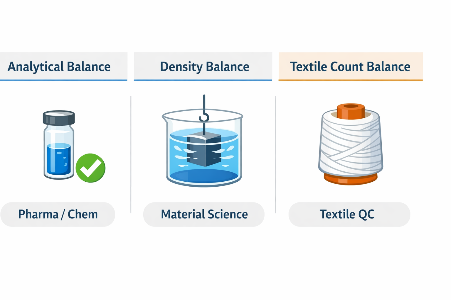 Infographic comparing analytical, density, and textile count balances by industry application.