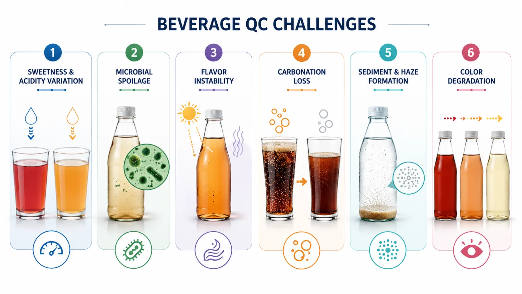 AELAB Infographic showing common beverage quality control challenges including carbonation loss, haze formation, color degradation, microbial spoilage, and acidity variation