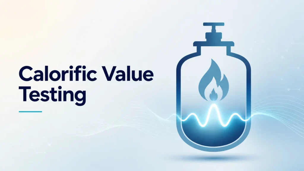 =Minimal editorial cover graphic for article about how a bomb calorimeter works in coal and petroleum testing, with abstract bomb silhouette and flame symbol, and the phrase "Calorific Value Testing".
