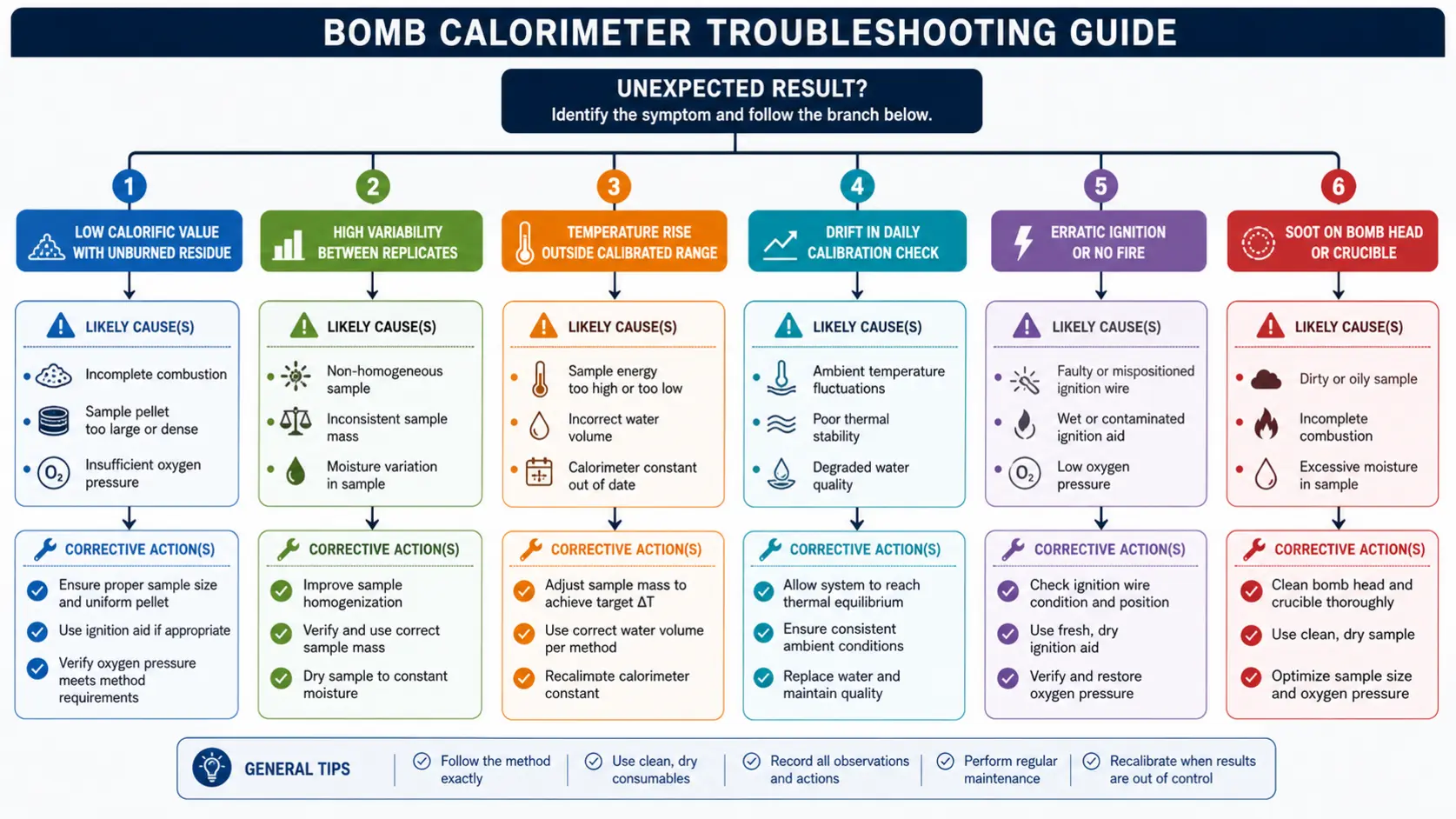 Troubleshooting flowchart for common bomb calorimeter issues showing symptoms, causes, and corrective actions.