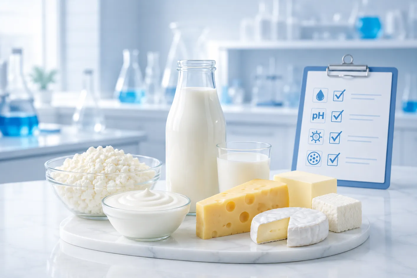 Illustration of dairy product testing with laboratory equipment, milk droplet, QC checklist, and product samples AELAB