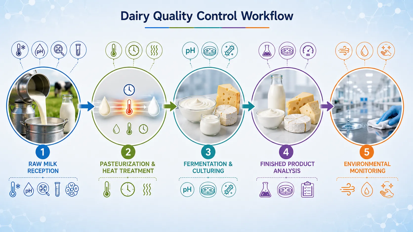 Dairy quality control workflow from raw milk reception to environmental monitoring aelab