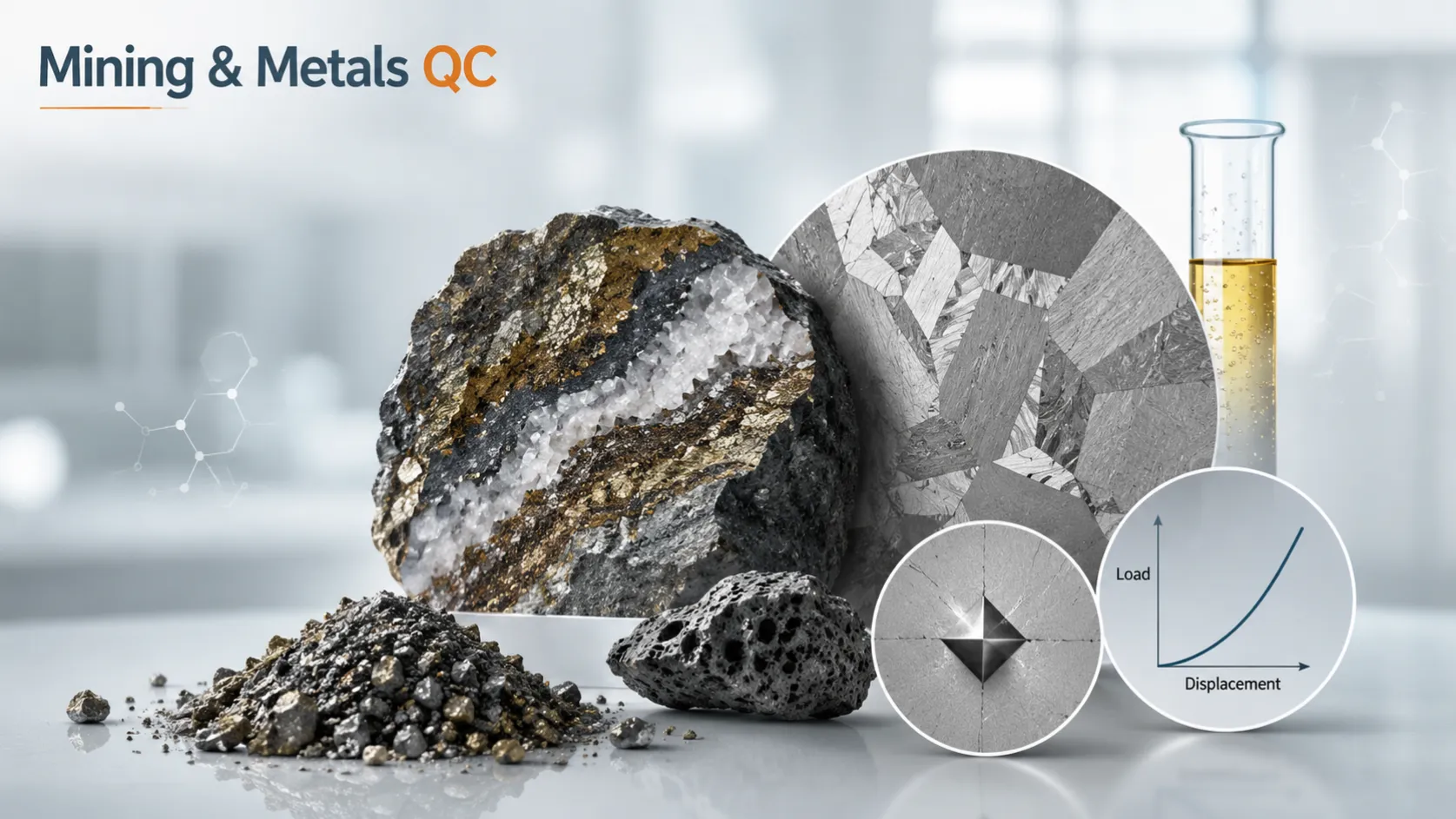 Essential laboratory equipment for mining and metallurgy quality control concept with ore sample, alloy, and testing icons AELAB