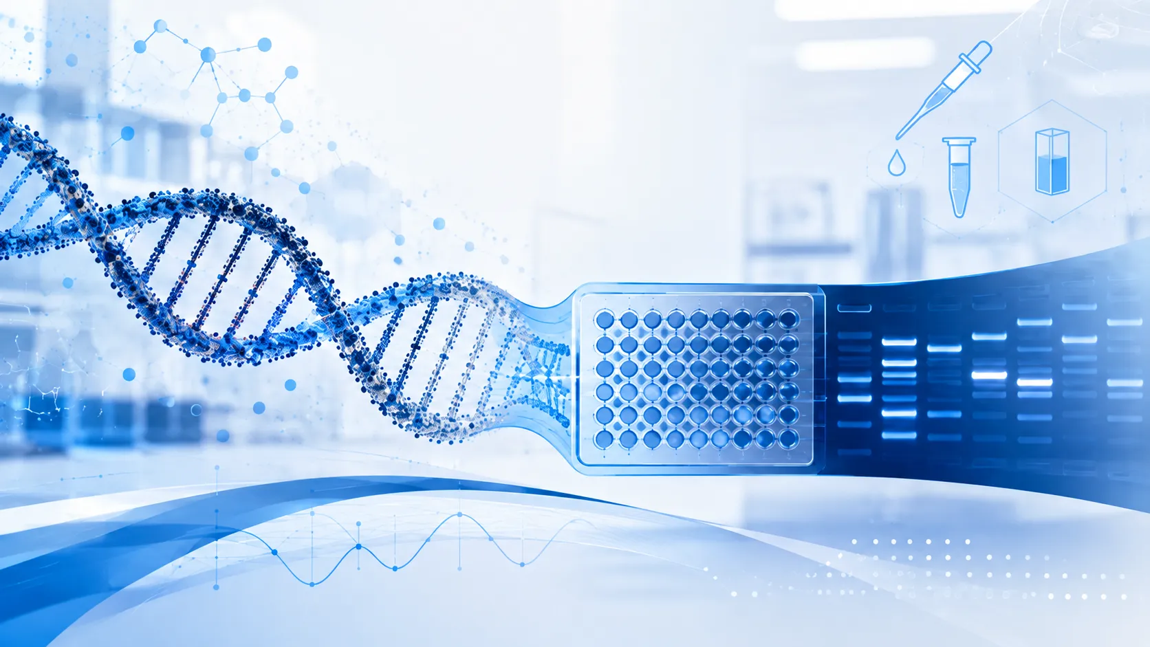 Abstract illustration of molecular biology laboratory equipment, with a DNA helix transforming into PCR plate and gel electrophoresis bands, along with pipette, tube, and cuvette icons, representing a complete guide to molecular biology instruments AELAB