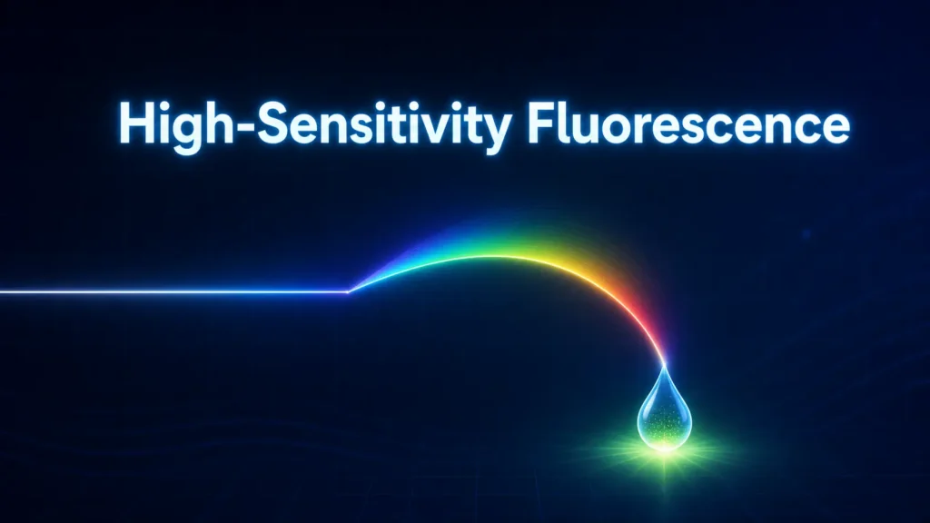 Minimal editorial cover graphic with the title phrase 'High-Sensitivity Fluorescence' and a stylized abstract fluorescence spectrophotometer light path and a glowing sample droplet symbolizing trace-level fluorescence analysis.